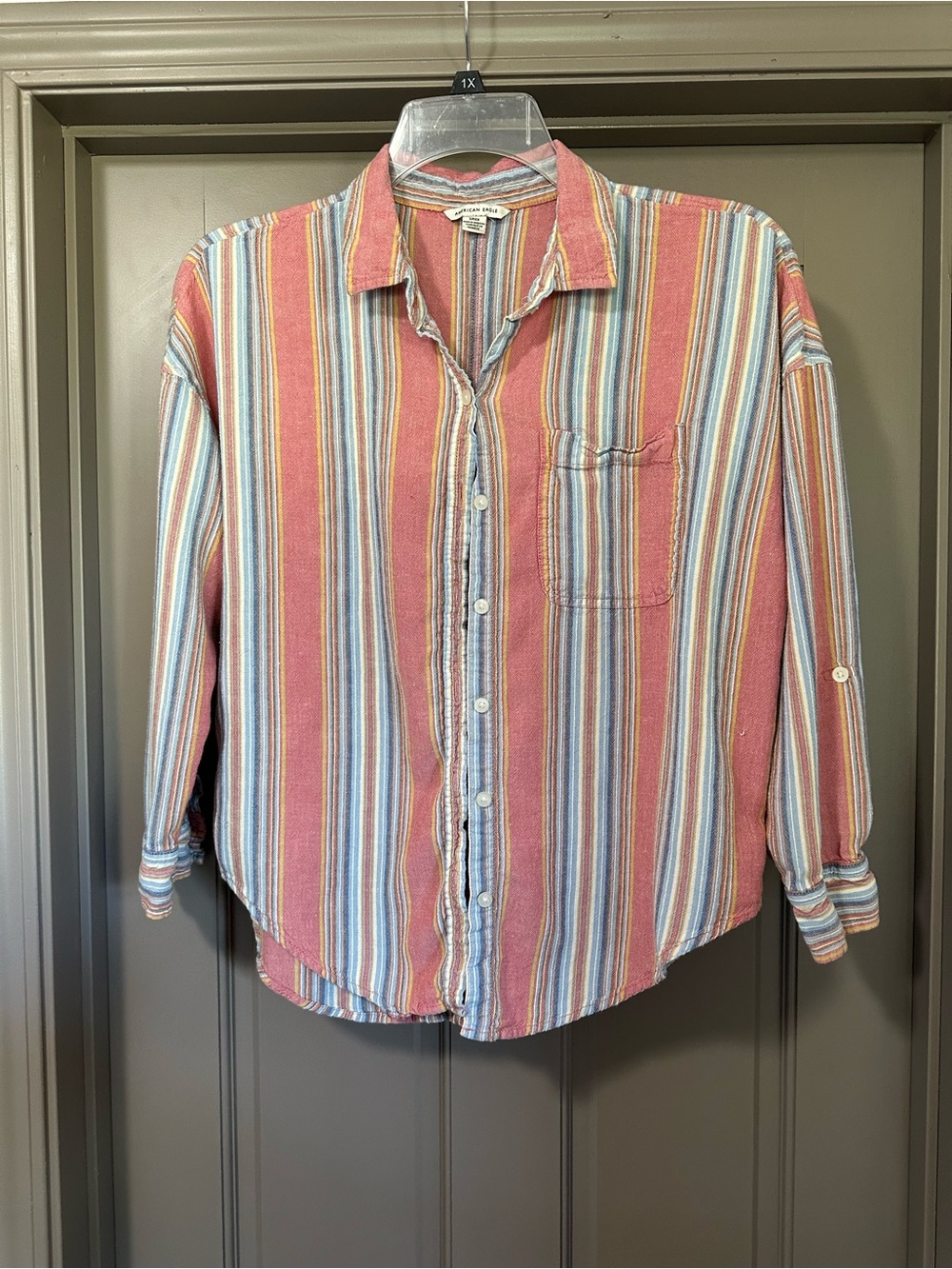 American Eagle Outfitters Striped Button-Down Shirt in Coral & Blue Small